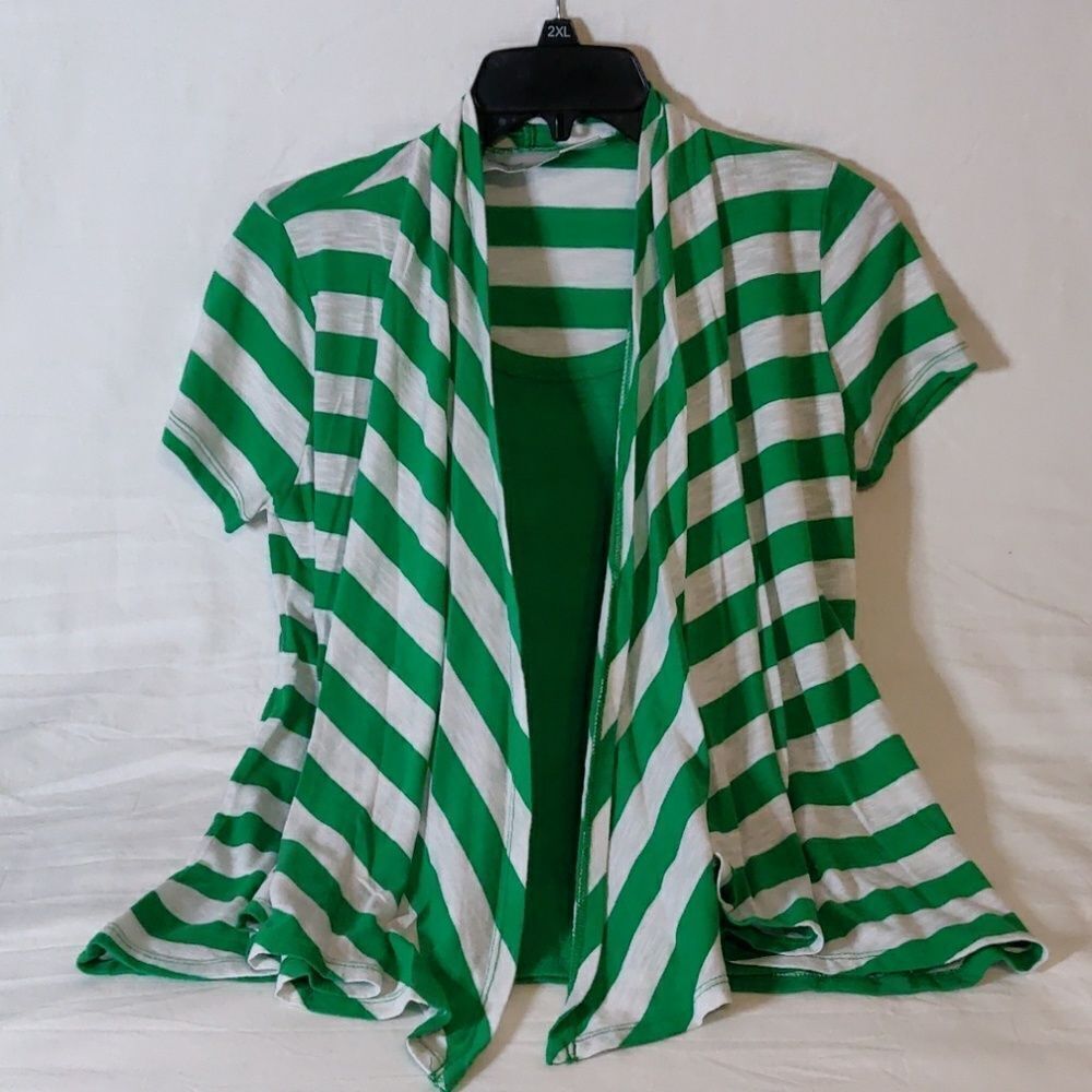 Allison Brittney Green & Gray Striped Layered Top Size S